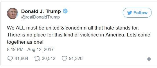 Donald Trump a condamnat violențele din Virginia. “Trebuie să fim toți uniți”