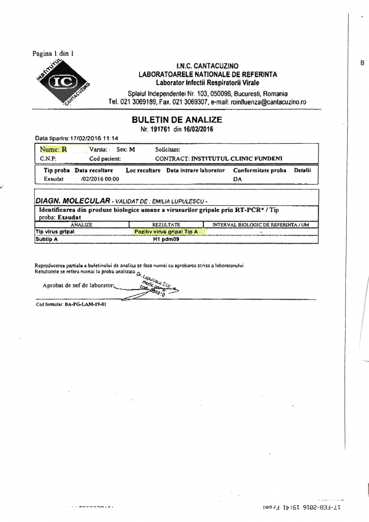 Rezultatul analizelor lui Razvan