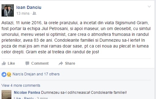 Anunțul morții lui Gram a fost făcut de fostul arbitru Ioan Danciu