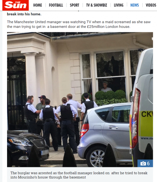 Mourinho, privind pe fereastră cum este încătușat Gabor Roman. (FOTO: captură thesun.co.uk)