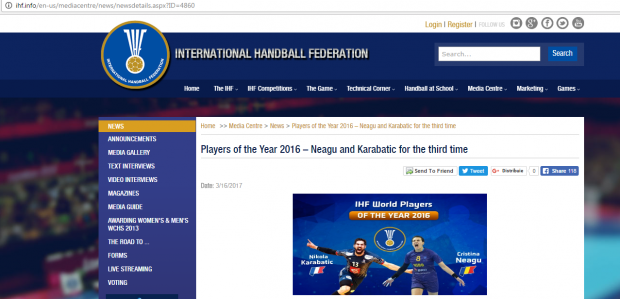 Cristina Neagu a fost aleasă cea mai bună jucătoare de handbal a lumii în 2016 | VIDEO