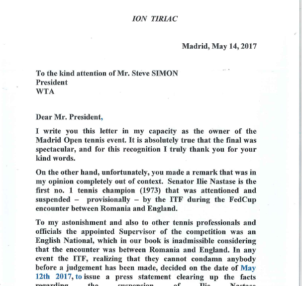 Ion Țiriac i-a răspuns preşedintelui WTA, Steve Simon, după ce acesta a criticat prezenţa lui Ilie Năstase la festivitatea de premiere de la Madrid