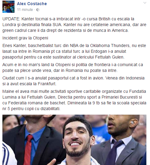 UPDATE. Enes Kanter, baschetbalist în NBA, a fost blocat pe aeroportul din București! Este un adversar al lui Erdogan! Reacția lui Meleșcanu / DOCUMENTE & VIDEO