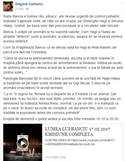 Radu Banciu, amenințat cu bătaia de către machedoni. I-a jignit pe Halep și pe Hagi. Petiție împotriva omului de televiziune! VIDEO