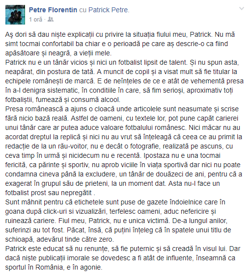 Florentin Petre este disperat de situația fiului său, Patrick: ”E o perioadă pe care aș descrie-o ca fiind apăsătoare și neagră, a vieții mele”