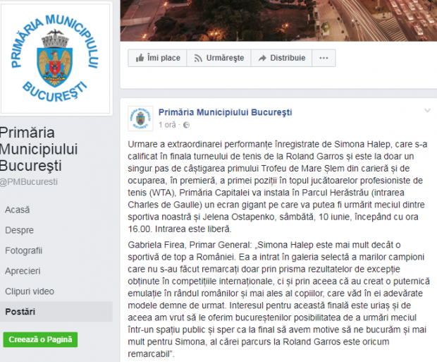 Meciul Halep - Ostapenko se poate vedea pe un ecran gigant, în Parcul Herăstrău