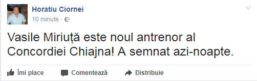 Vasile Miriuță este noul antrenor al echipei Concordia Chiajna. A semnat în miez de noapte