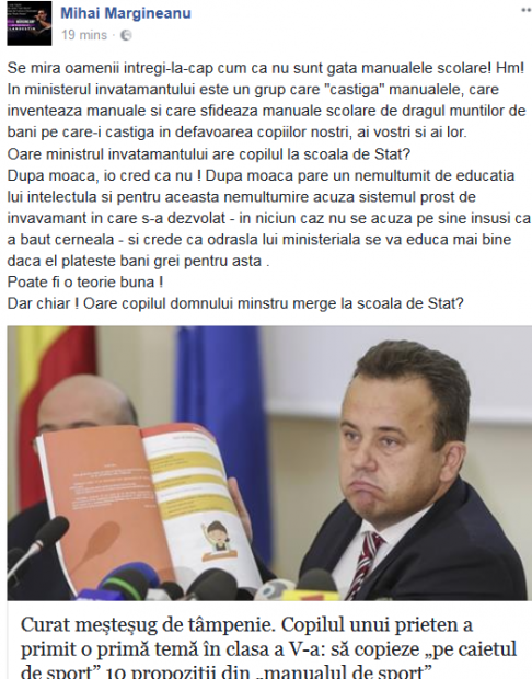Mihai Mărgineanu, mesaj despre ministrul Învățământului. “După moacă pare un nemulțumit de educatia lui intelectulă”