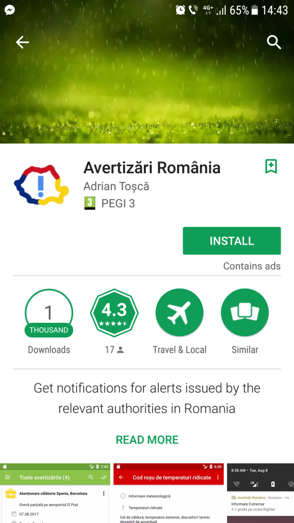 Aplicația Avertizări România. Captură de ecran