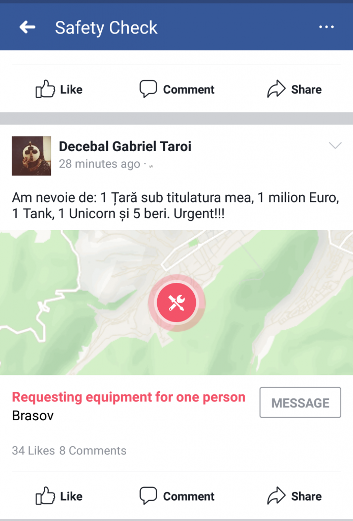 românii au făcut bășcălie de facilitatea Facebook Safety Check, activată după furtuna de la Timișoara. Captură print screen