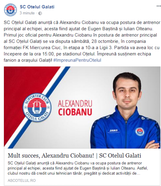 Alexandru Ciobanu o va antrena pe SC Oțelul Galați. Va debuta la meciul cu FK Miercurea Ciuc