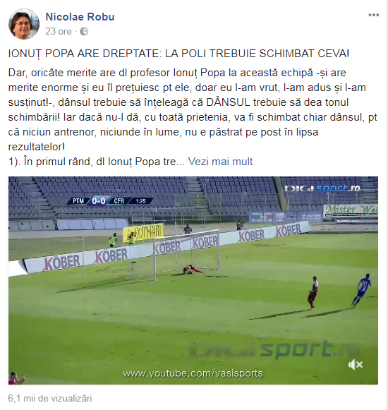 Primarul Timișoarei, Nicolae Robu, îl amenință pe antrenorul Ionuț Popa cu demiterea