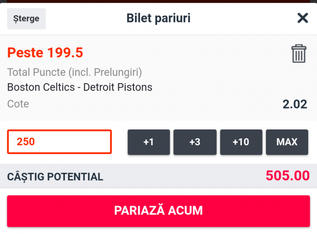 Cota zilei și avancronică pentru Boston Celtics vs Detroit Pistons