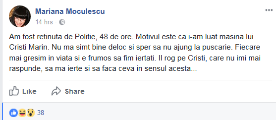 Mariana Moculescu a fost reținută de poliție. “Fiecare mai greşim în viaţă şi e frumos să fim iertaţi”