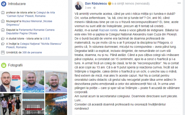 Un elev din Ploiești a fost tuns la școală de o profesoară pentru că avea părul prea lung. Incidentul, dezvăluit pe Facebook de un deputat prahovean