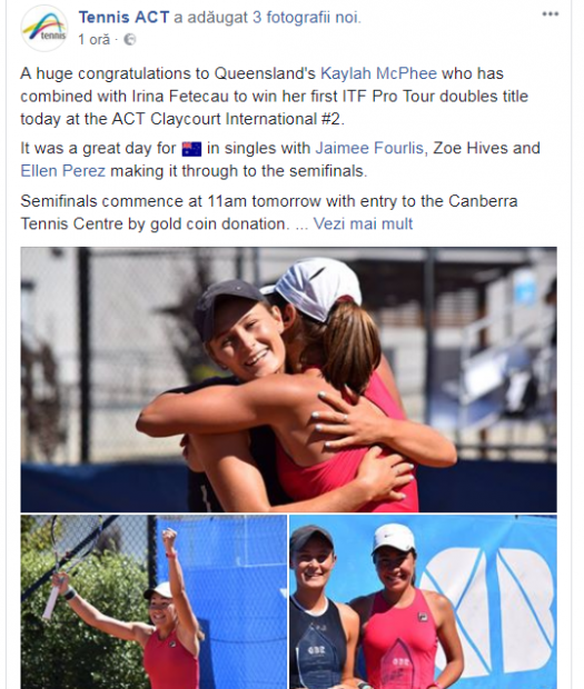 Irina Fetecău a câștigat titlul în proba de dublu la Canberra. Românii au dat năvală s-o încurajeze