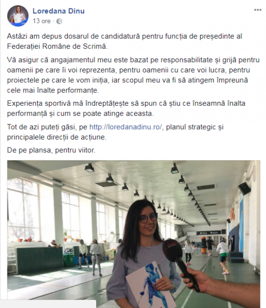 Loredana Dinu și-a depus dosarul de candidatură la alegerile de la FR Scrimă