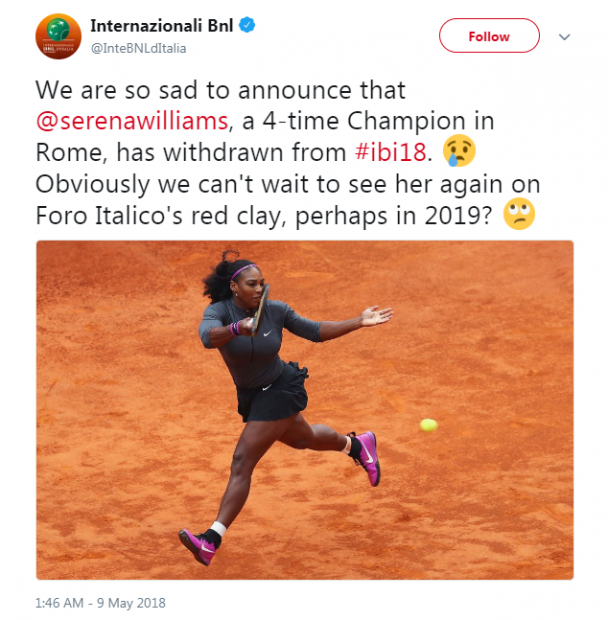 Serena Williams nu va participa la turneul de la Roma. Are patru titluri, la Internaționalele de tenis ale Italiei