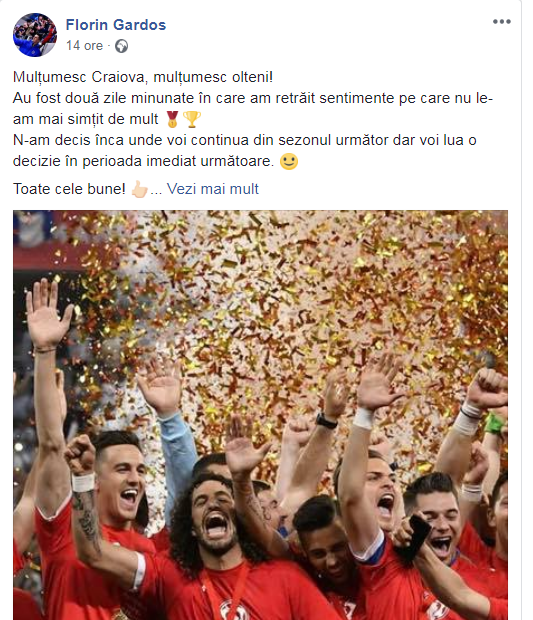 Florin Gardoș pleacă de la Craiova, câștigătoarea Cupei României. Mesajul adresat oltenilor