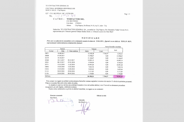 Actele care dovedesc datoriile Webfactor către TCI