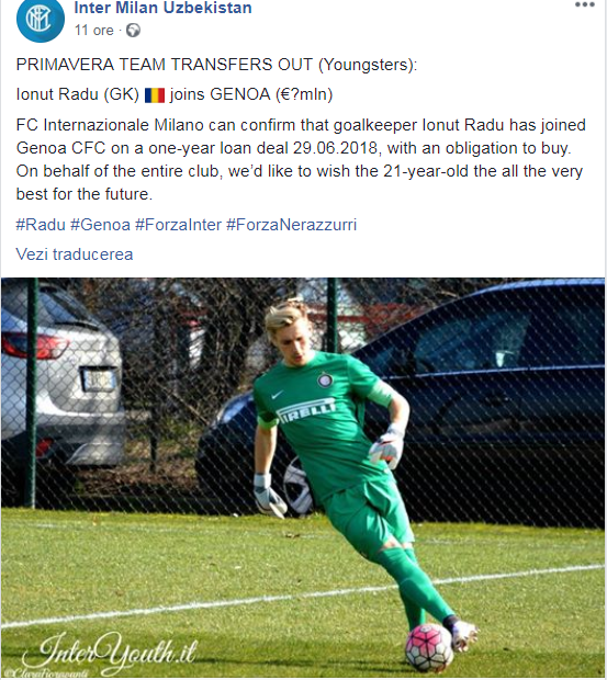 Portarul Ionuț Radu, cedat de Inter la Genoa. Știrea a făcut înconjurul lumii