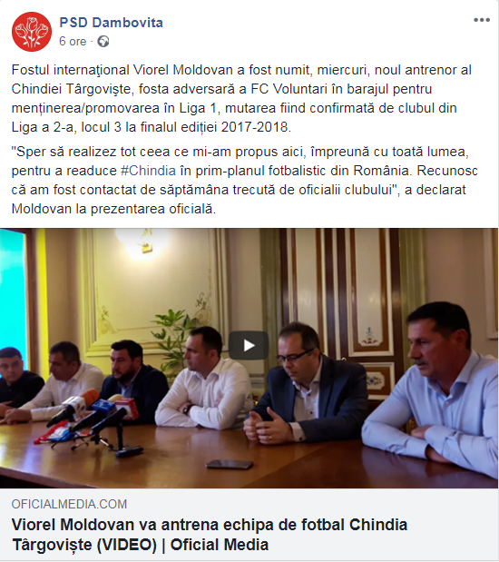 Numirea lui Viorel Moldovan la Chindia Târgoviște, transmisă de PSD Dâmbovița