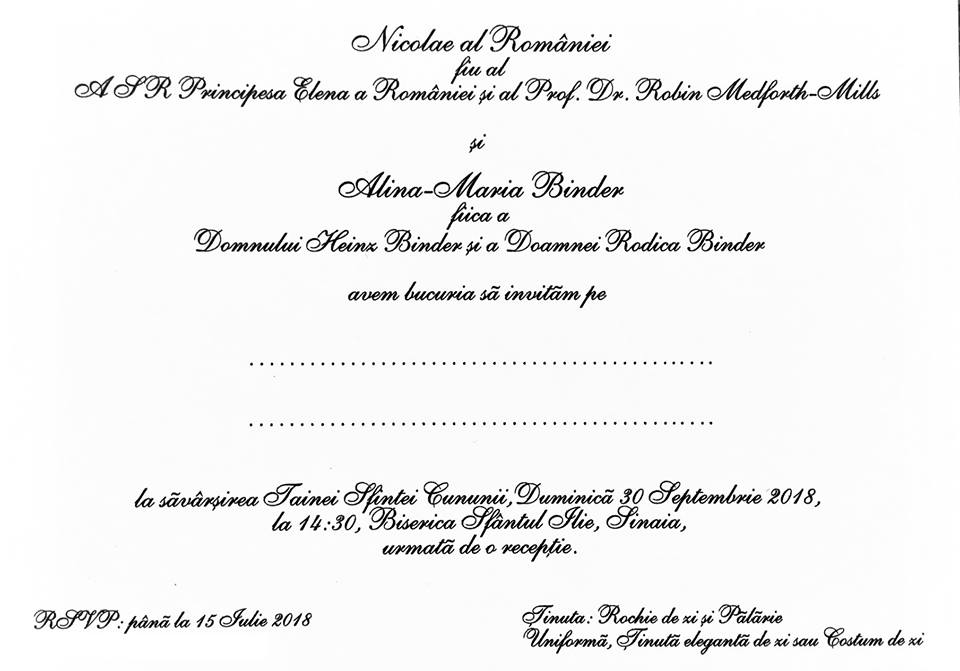 Cum Arată Invitația La Nunta Fostului Principe Nicolae Libertatea