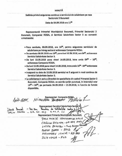 Minuta şedinţei în cadrul căreia s-a stabilit cum se va face salubrizarea în Sectorul 3