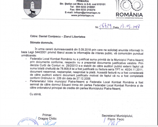 ACTUALIZARE / Primăria Neamț nu-l slăbește pe Eduard Irimia. ”Nu a justificat suma primită”