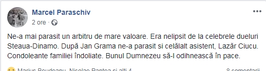 A murit fostul fotbalist și arbitru Lazăr Ciucu. A jucat la Progresul București și Petrolul Ploiești și a fost în brigadă de mai multe ori la derby-ul Steaua - Dinamo