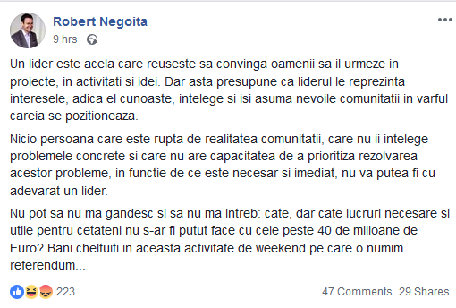 Robert Negoiţă, critici dure după eşecul referendumului: "Un lider este acela care reușește să convingă oamenii să îl urmeze în proiecte"