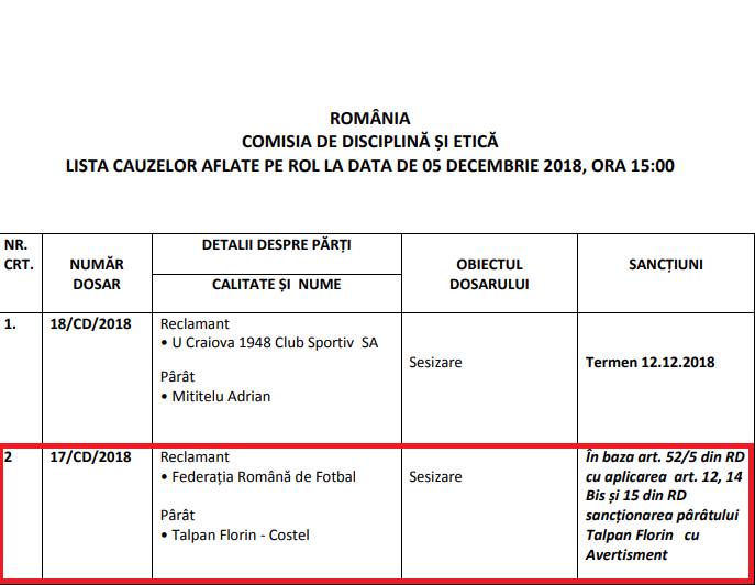 FRF a anunțat sancțiunea dictată lui Florin Talpan. Juristul CSA Steaua a scăpat ieftin