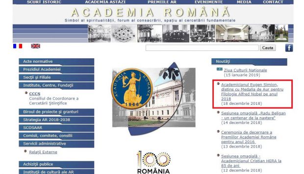 Comunicatul care anunța „Nobelul” fals al lui Eugen Simion încă trona pe site-ul Academiei, în urmă cu câteva ore