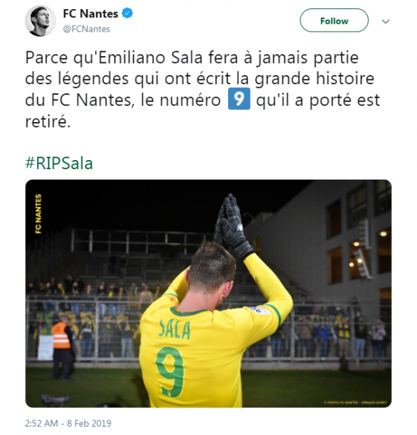 Nantes retrage tricoul cu numărul 9. A fost purtat ultima oară de Sala, dar i-a aparținut și lui Moldovan