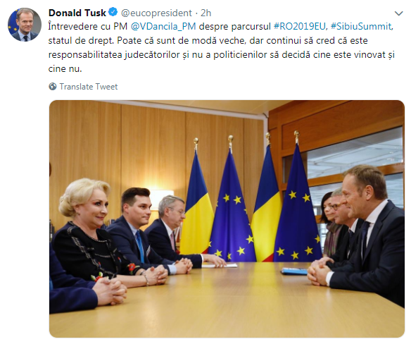 Mesajul lui Donald Tusk către Viorica Dăncilă, la Bruxelles: "Poate sunt eu de modă veche, dar cred că judecătorii, nu politicienii, trebuie să decidă cine este vinovat"