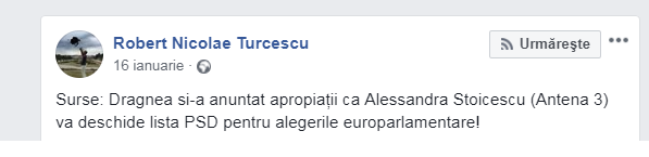 Deputatul Robert Turcescu a scris pe Facebook, citând surse, că Liviu Dragnea i-a propus Alessandrei Stoicescu, realizatoare la Antena 3, să deschidă lista PSD la alegerile europarlamentare