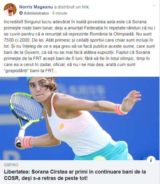 Reacția Soranei Cîrstea după ce ”Libertatea” a dezvăluit că primește bani nemeritați: ”O să o rog pe mama să restituie banii în contul federației”. FRT, în culpă