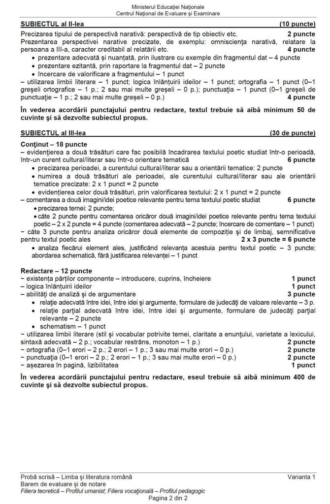 Barem evaluare subiecte romana bac 2019 - profil uman