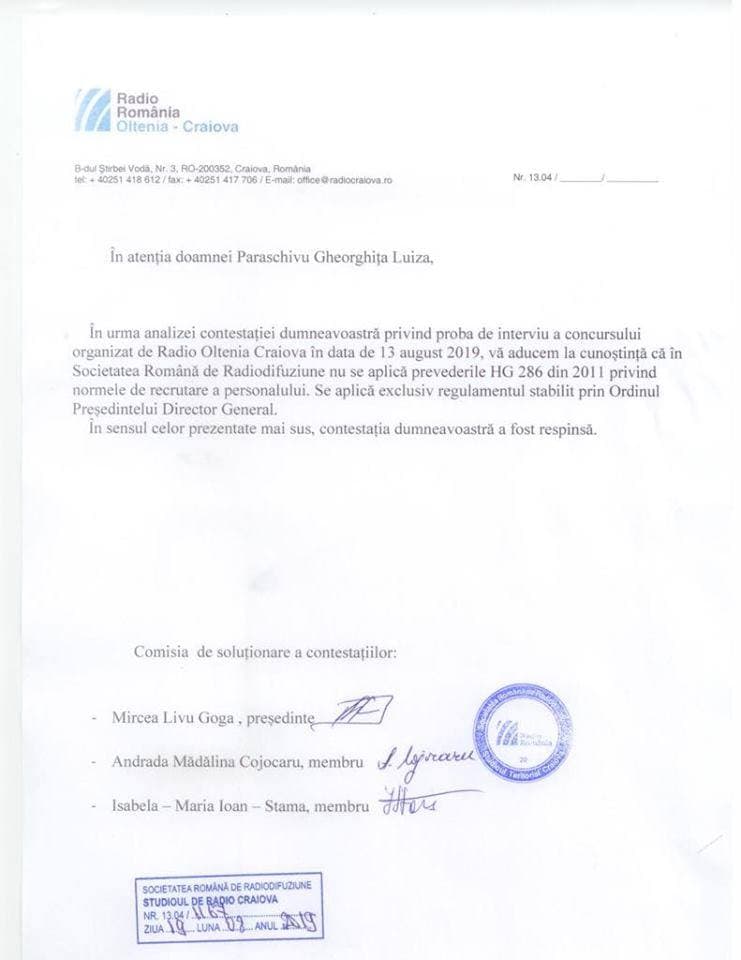 Radio Oltenia - Craiova a respins contestația jurnalistei Luiza Paraschivu, luată peste picior de comisia condusă de directorul Alexandru Mogoșeanu. Poliția a descins la sediul stației