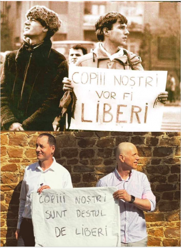 Au refăcut după 30 de ani fotografia de la Revoluție, mesajul de pe pancardă este însă altul. Povestea lui Octavian și Bogdan