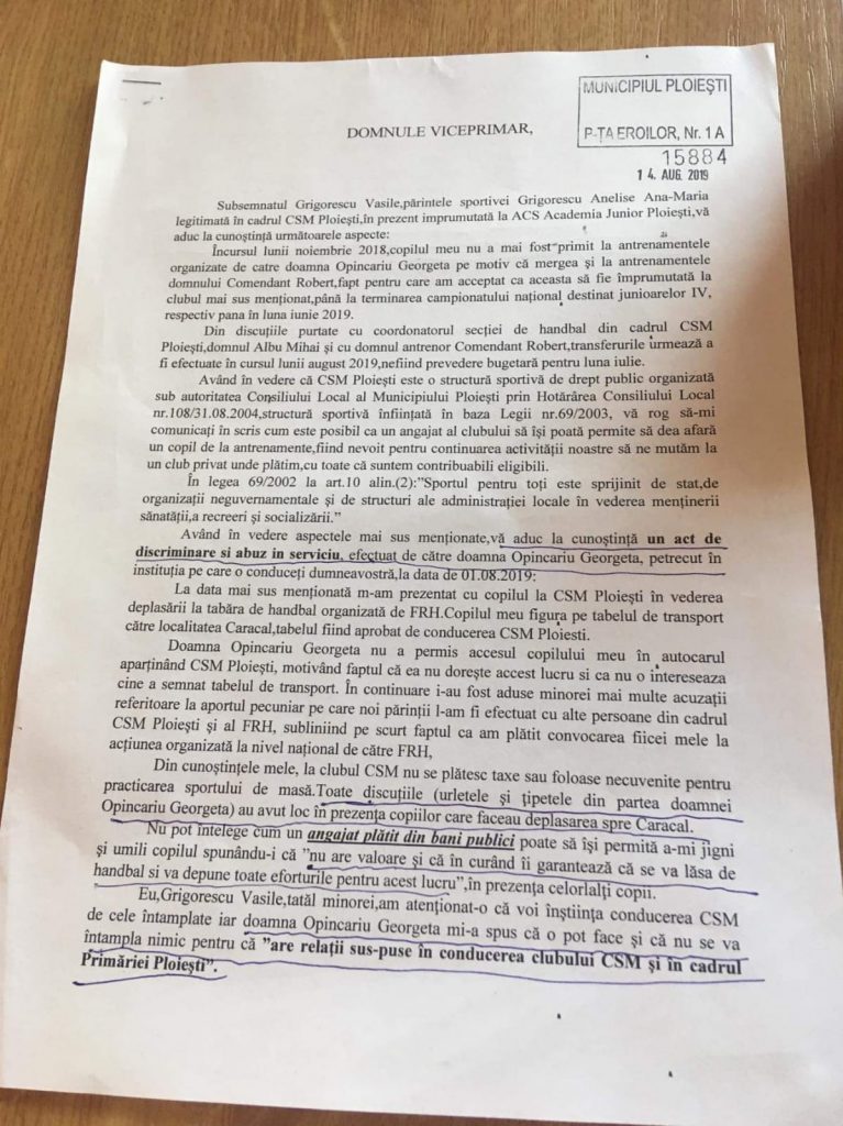 Continuă scandalul la CSM Ploiești, secția de handbal. Antrenoarea Geta Opincariu, acuzată de “discriminare și de abuz în serviciu”