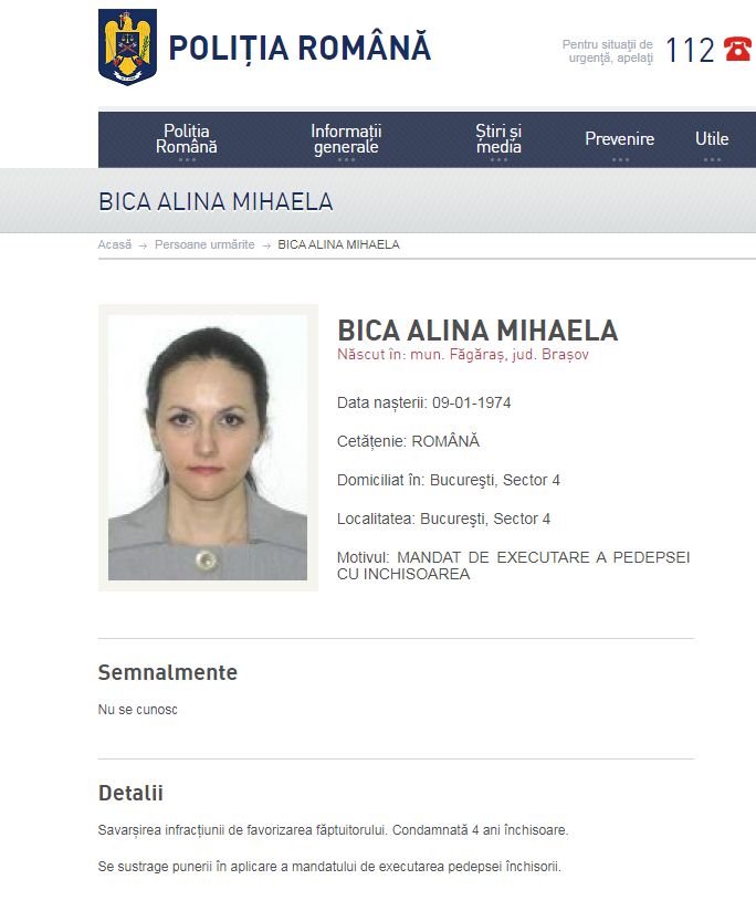 Alina Bica a fost dată în urmărire. Fotografia fostei șefe DIICOT, pe site-ul Poliției Române