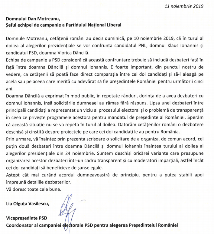 PSD a trimis liberalilor scrisoarea oficială prin care îi provoacă la două dezbateri între Iohannis și Dăncilă