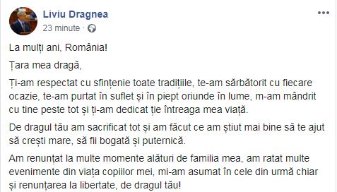 Mesajul lui Liviu Dragnea de Ziua Națională a României: ”Am renunțat chiar și la libertate, de dragul tău!”
