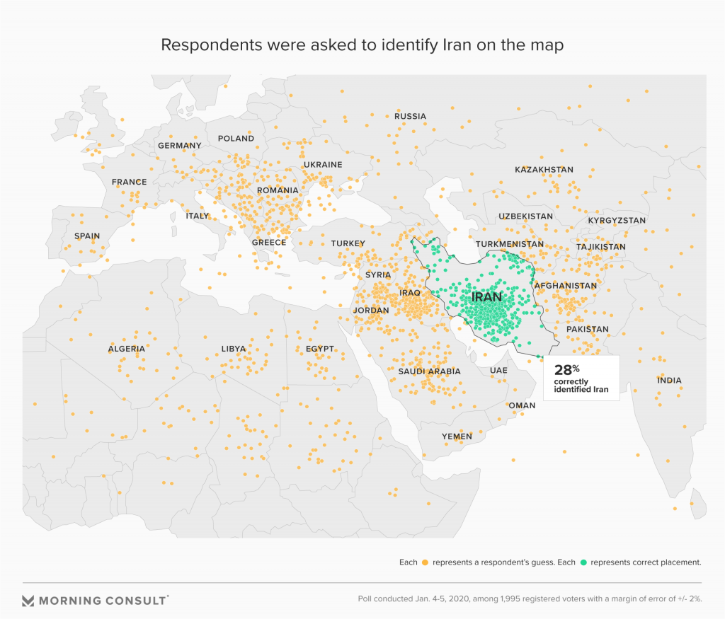 Sondaj: Doar 23% dintre americani știu unde e Iranul pe hartă. Mulți au arătat România