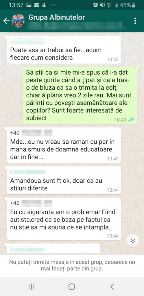 discutie WhatsApp grupa albinutelor, grădiniţa Albinuţa din București,