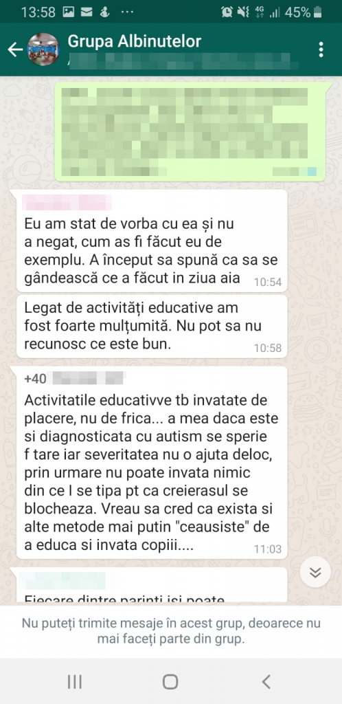 discutie WhatsApp grupa albinutelor, grădiniţa Albinuţa din București,