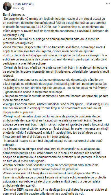 Intervenție în timpul epidemiei. Ambulanțier din Gorj: Am primit combinezoane pentru zugravi