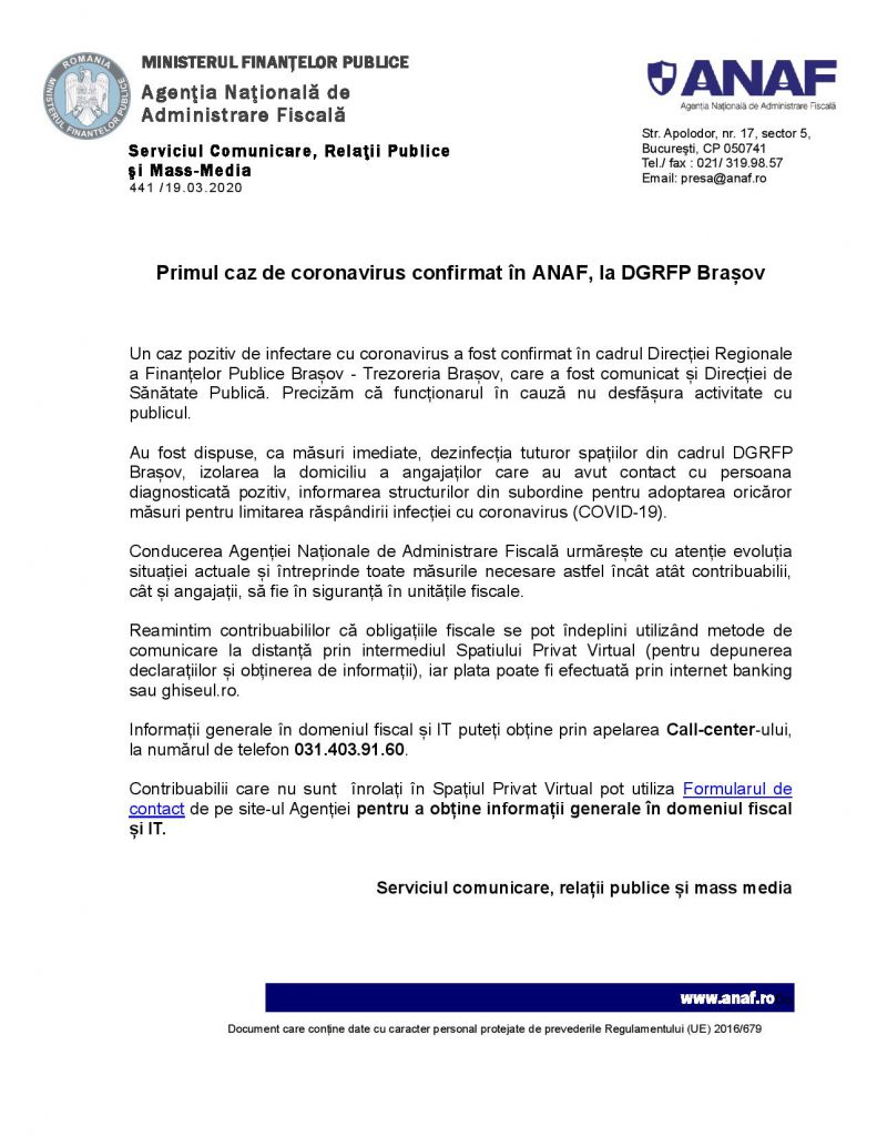 Un antreprenor a fost amendat de ANAF pentru că nu a vrut să se expună pericolului de a fi infectat. ”Solicitasem transmiterea întrebărilor prin poștă”