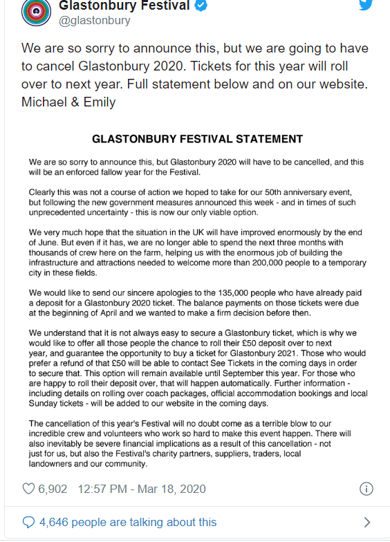 Festivalul Glastonbury a fost anulat din cauza noului coronavirus